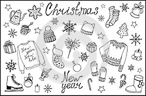 Big set of Christmas and New year elements. Doodle hand drawn vector illustration.